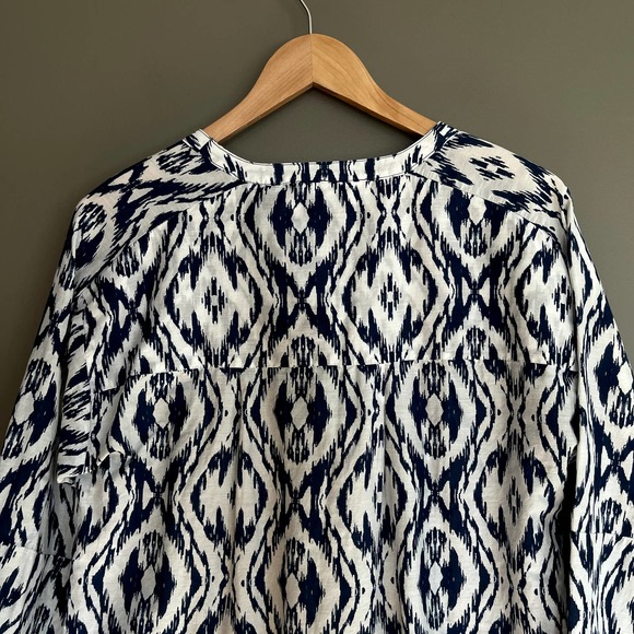 Athleta Printed Kaftan Shirt Dress Tunic Navy Blue White Ikat Medium Cover Up - Picture 11 of 16